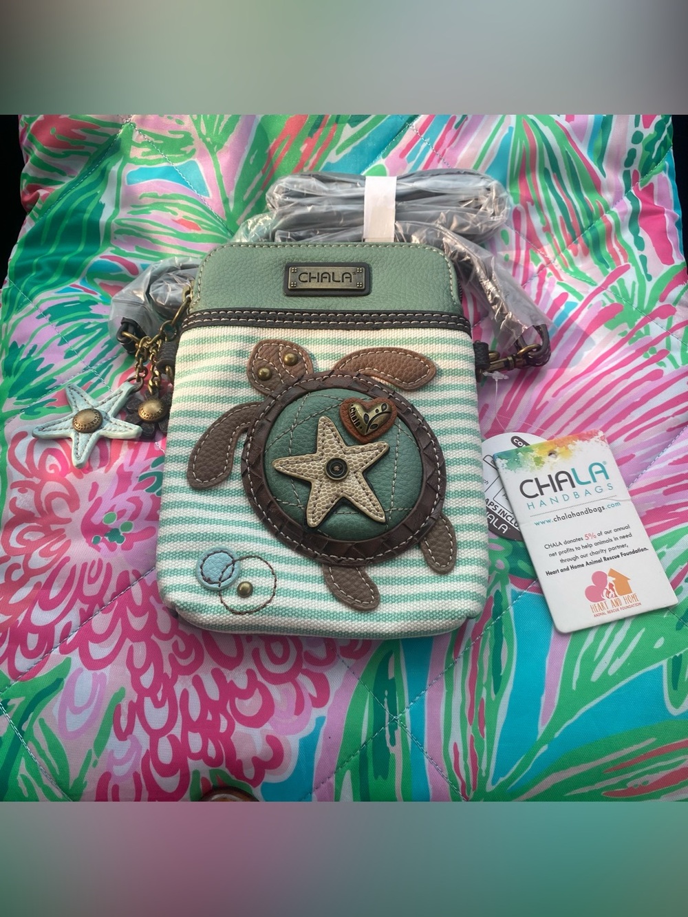 CHALA Sea Turtle Cell Phone teal striped Crossbody Purse